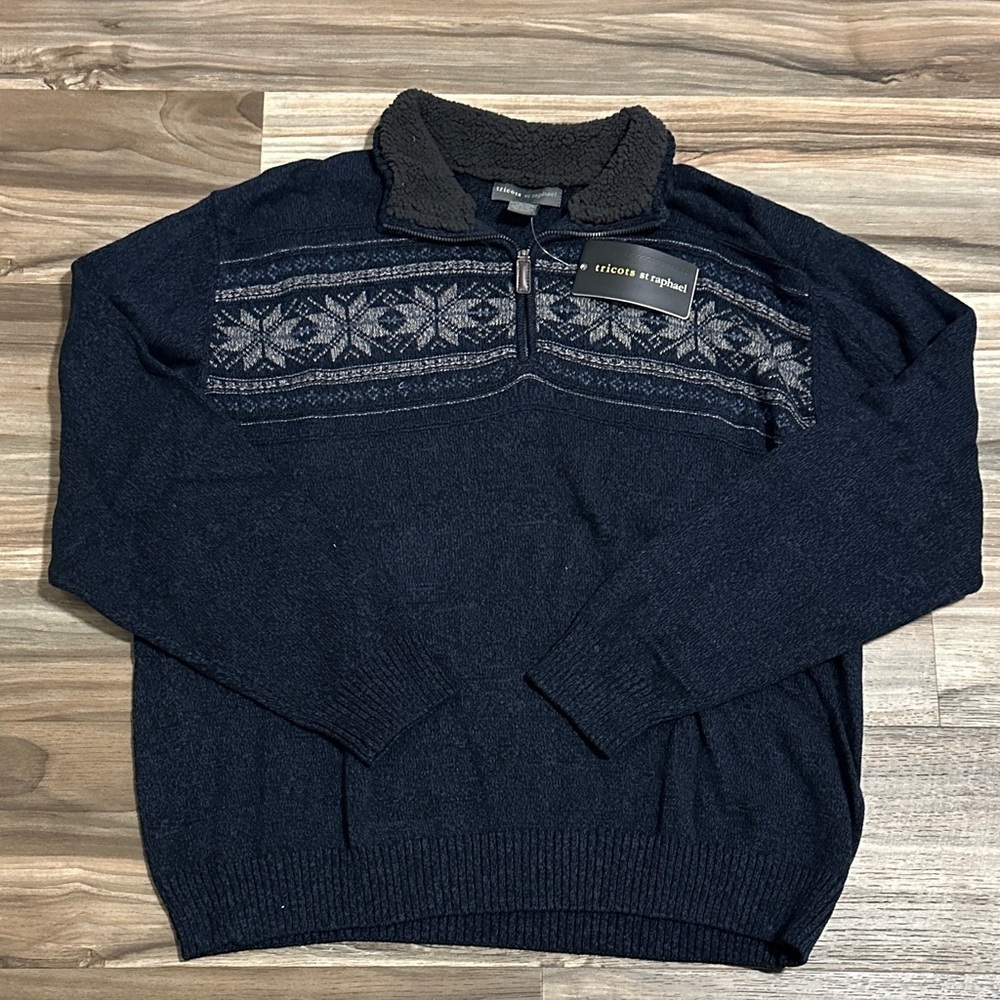 Tricots St Raphael Sweater Mens Sz XXL L/S Pullover 1/4 Zip Navy Fairisle Print